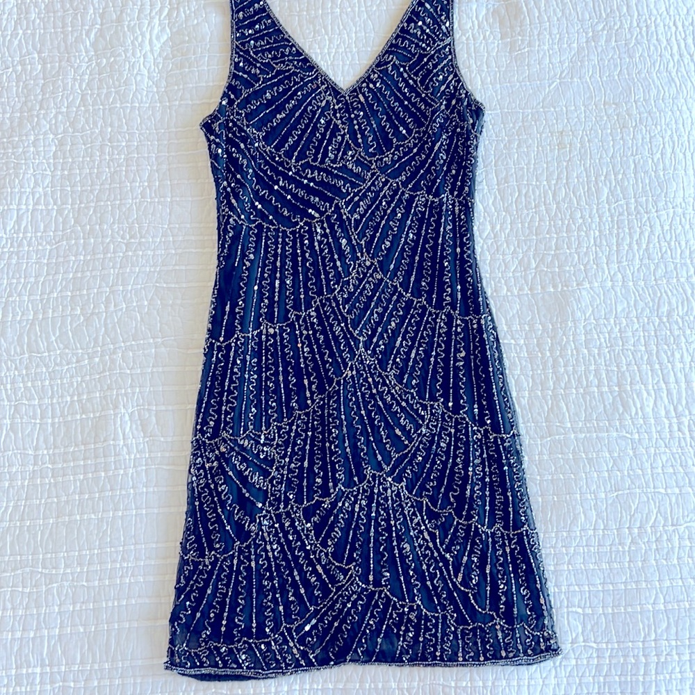 NWOT Pisarro Nights Beaded Navy Dress